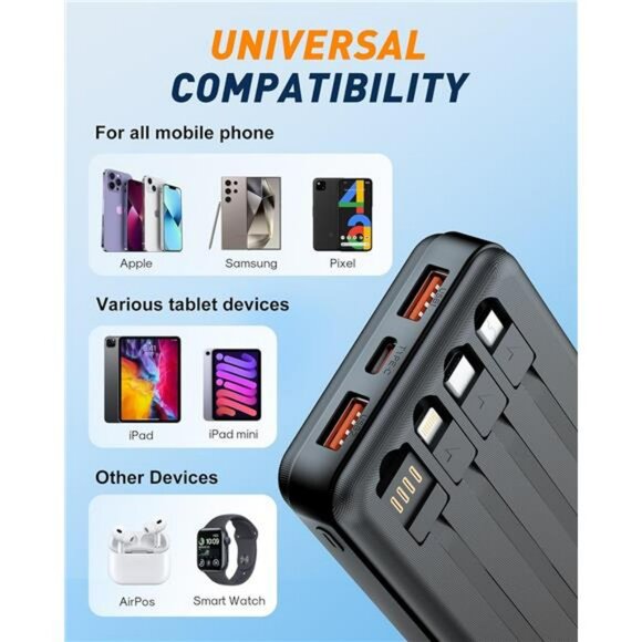 37000mAh portable power bank with built in cables fast charging battery pack - Picture 5 of 7